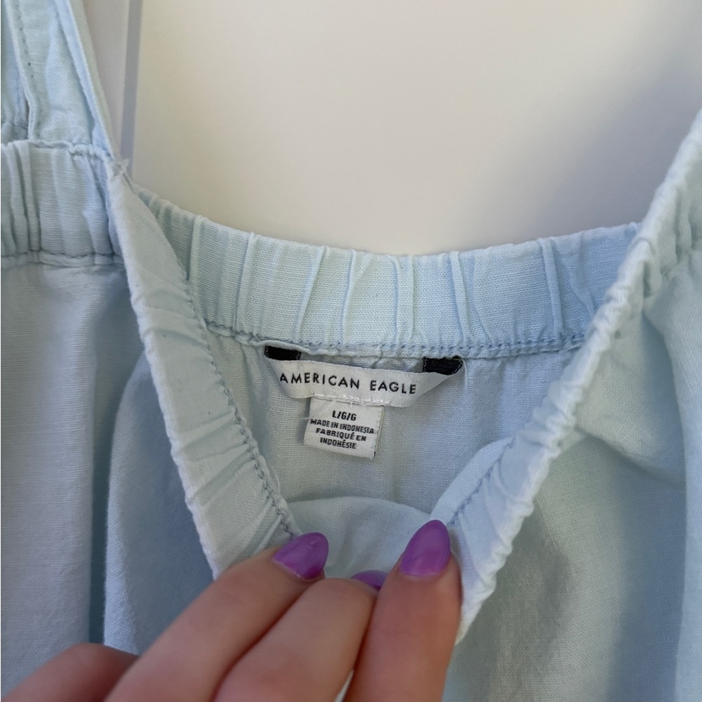 AMERICAN EAGLE Tiered Tie Top Light Denim Blue Shoulder Bow Ruffled Blouse Sz L - Picture 4 of 8